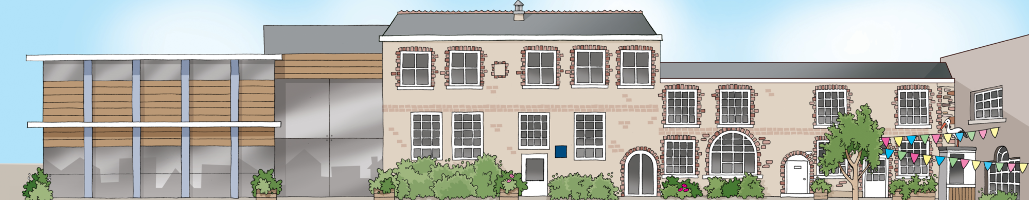 Cartoon view of courtyard buildings